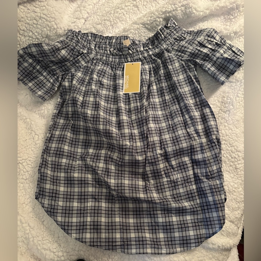 Michael Michael Kors Blue Plaid Off-Shoulder Top Womens oversized xs